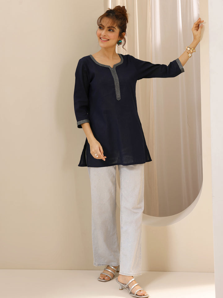 Blue Solid Cotton Straight Short Kurti