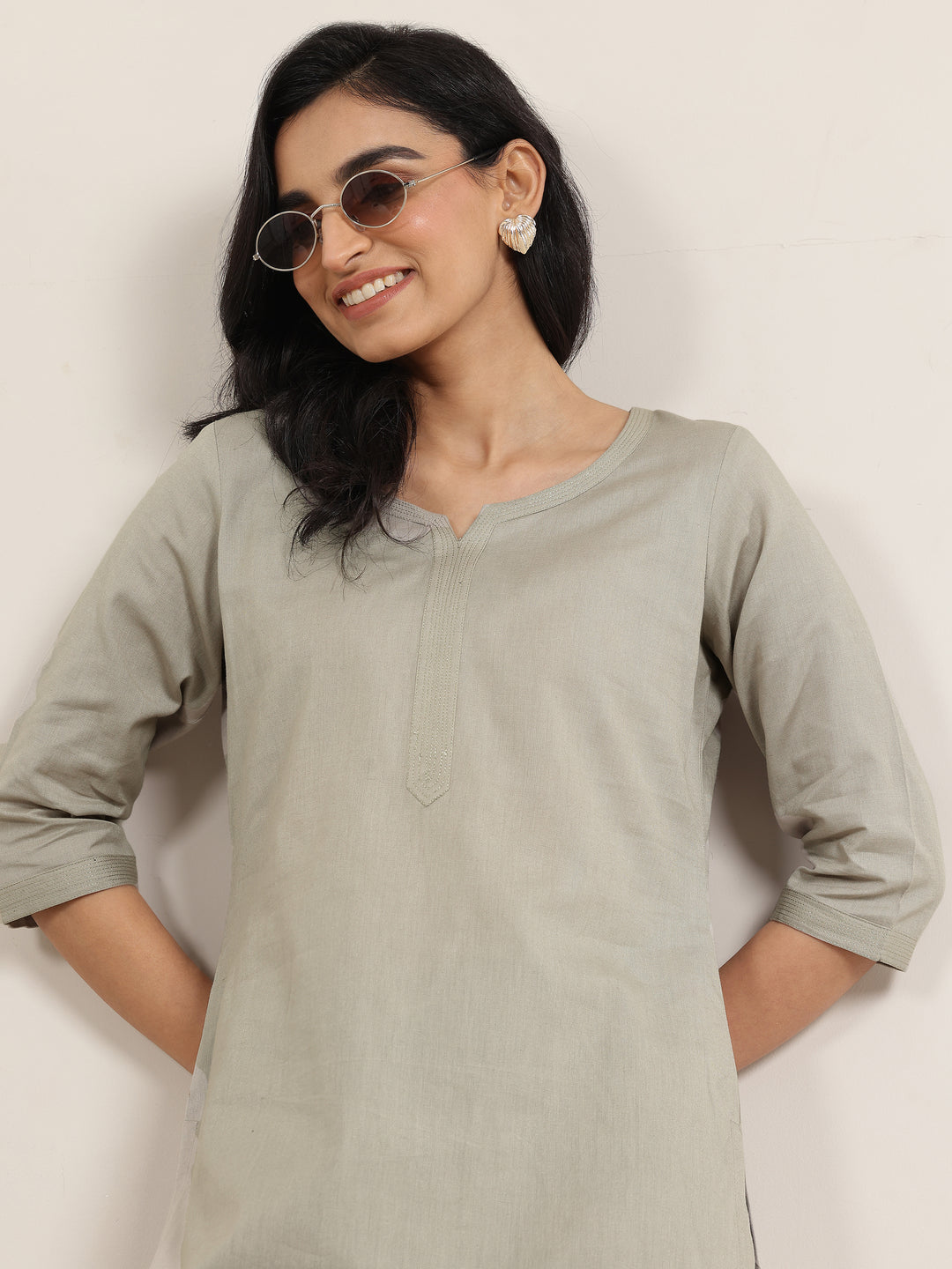 Grey Solid Cotton Straight Short Kurti