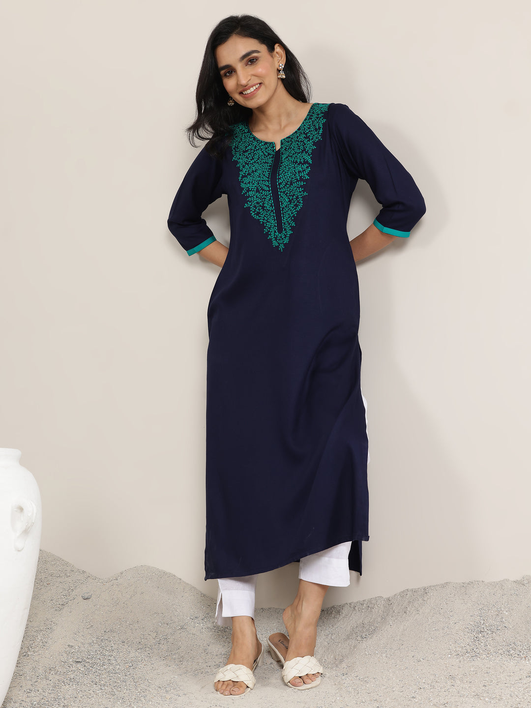 Navy Blue Yoke Design Rayon Straight Kurta