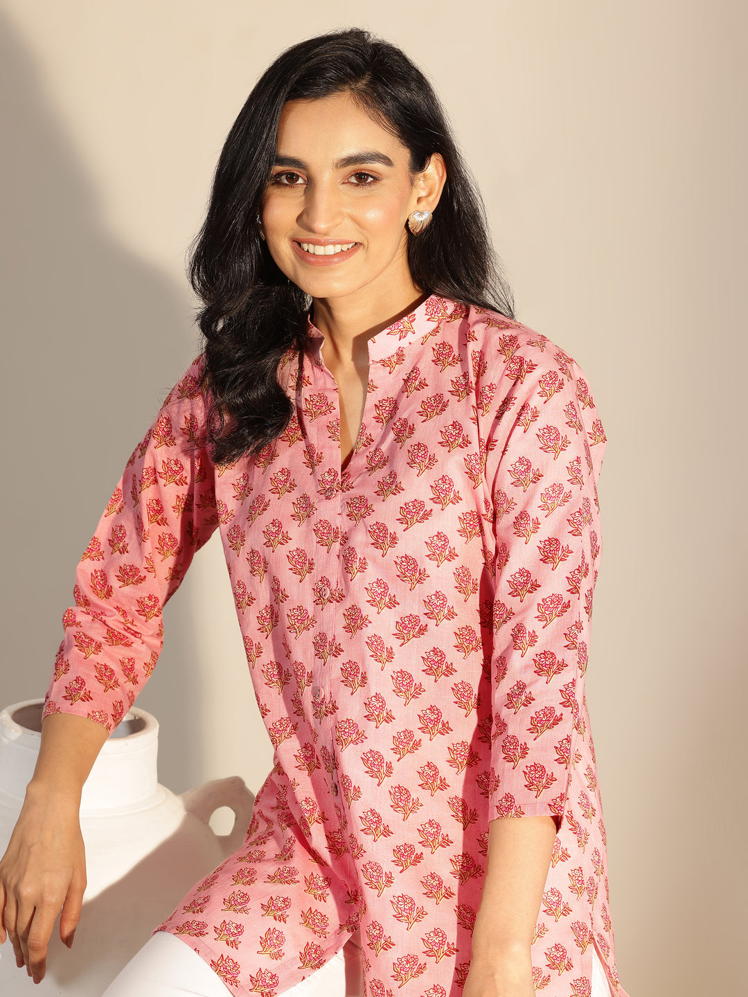 Peach Printed Cotton Straight Short Kurti