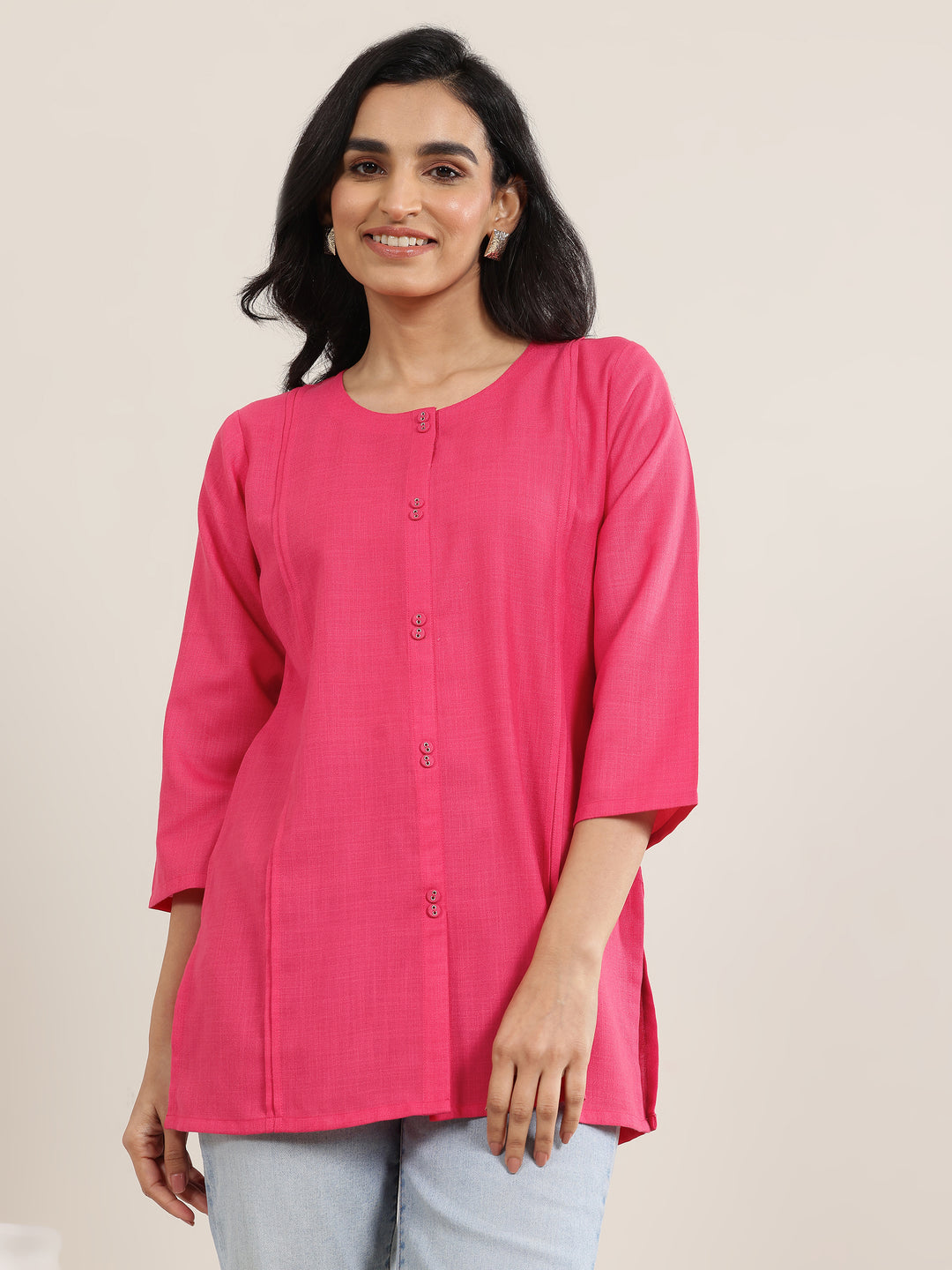Pink Solid Cotton Blend Straight Short Kurti