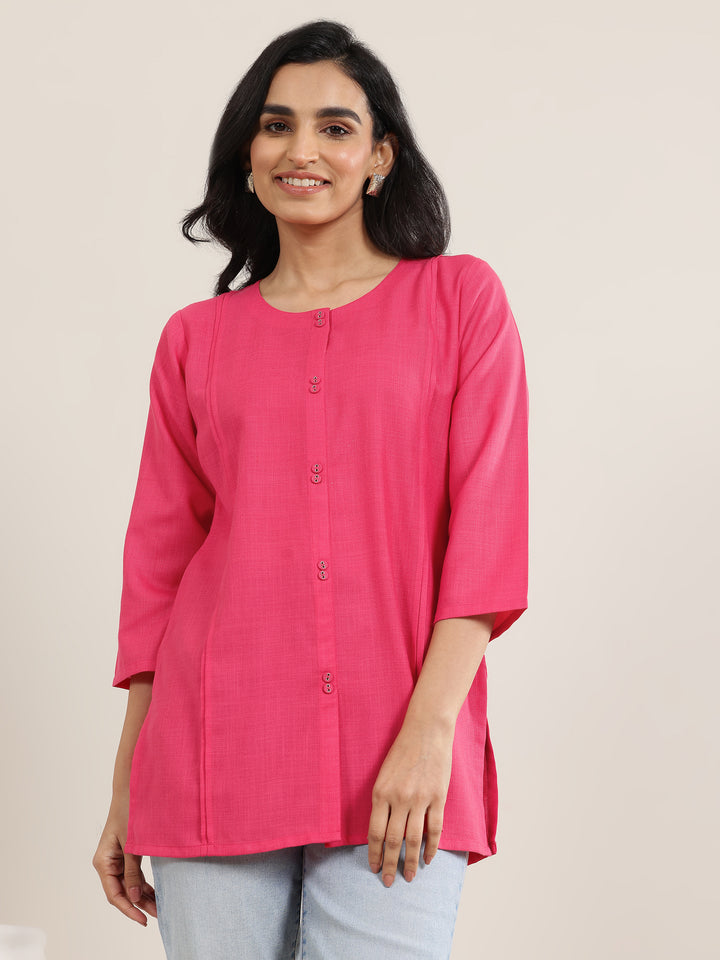 Pink Solid Cotton Blend Straight Short Kurti