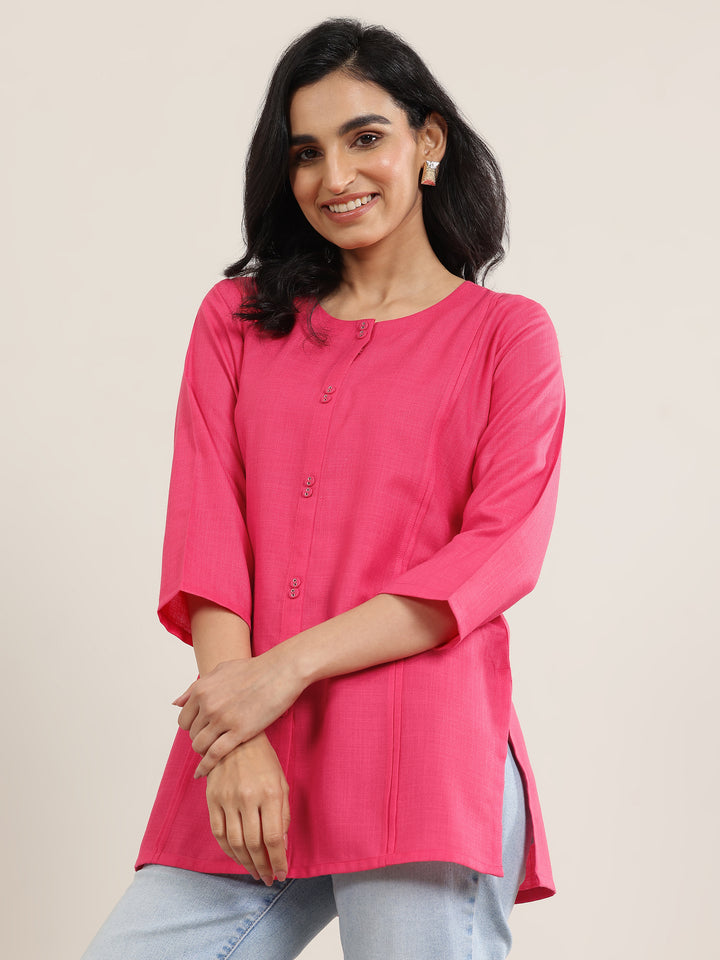Pink Solid Cotton Blend Straight Short Kurti