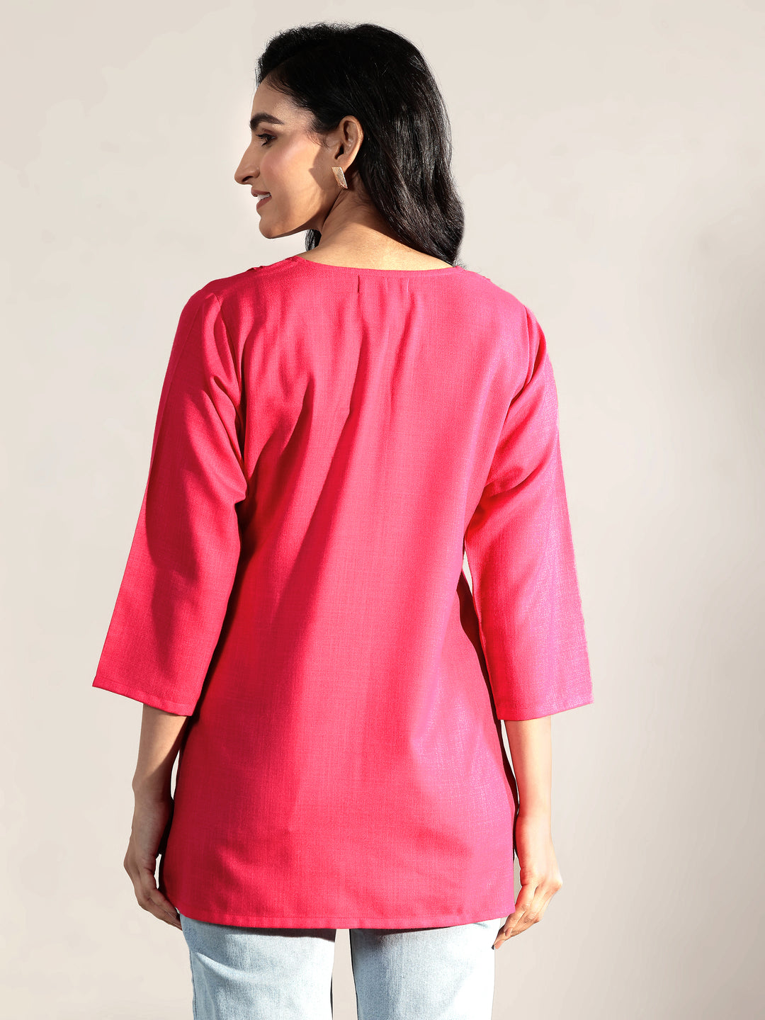 Pink Solid Cotton Blend Straight Short Kurti