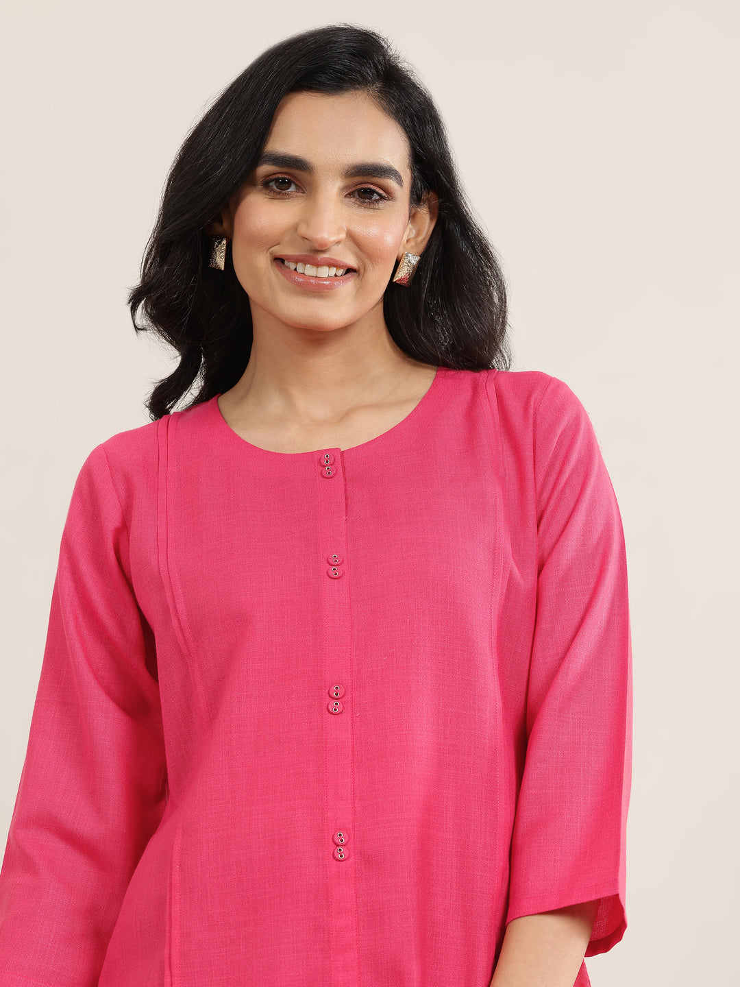 Pink Solid Cotton Blend Straight Short Kurti