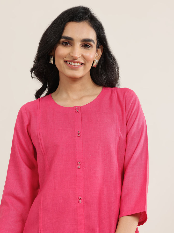 Pink Solid Cotton Blend Straight Short Kurti