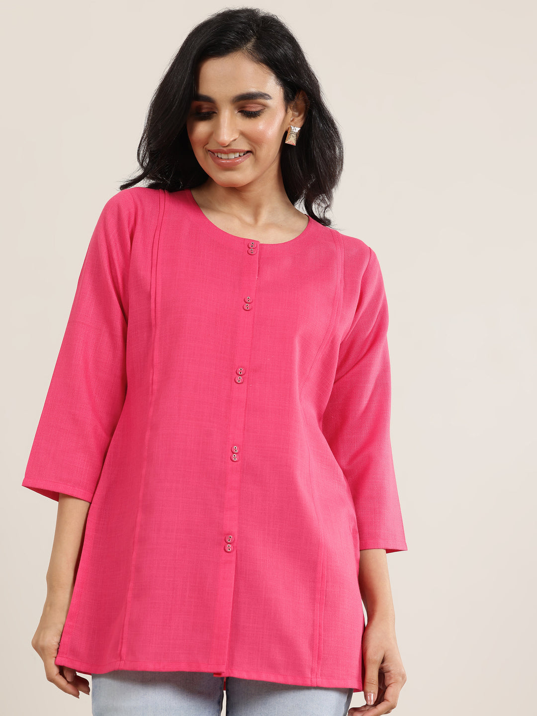 Pink Solid Cotton Blend Straight Short Kurti