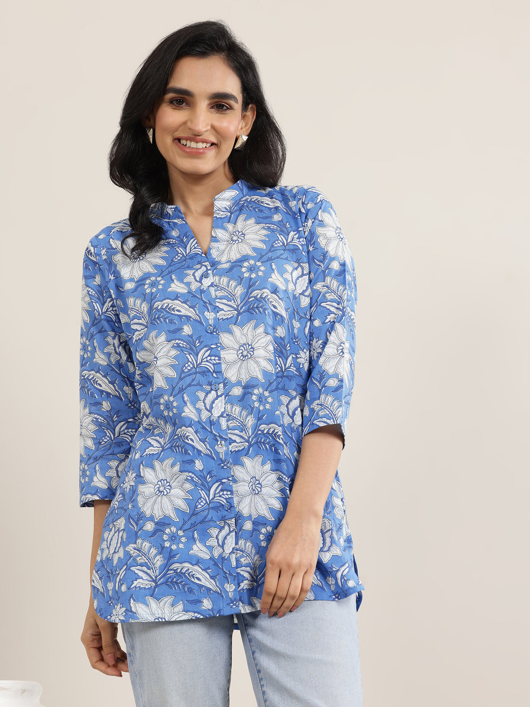 Blue Printed Cotton Straight Short Kurti