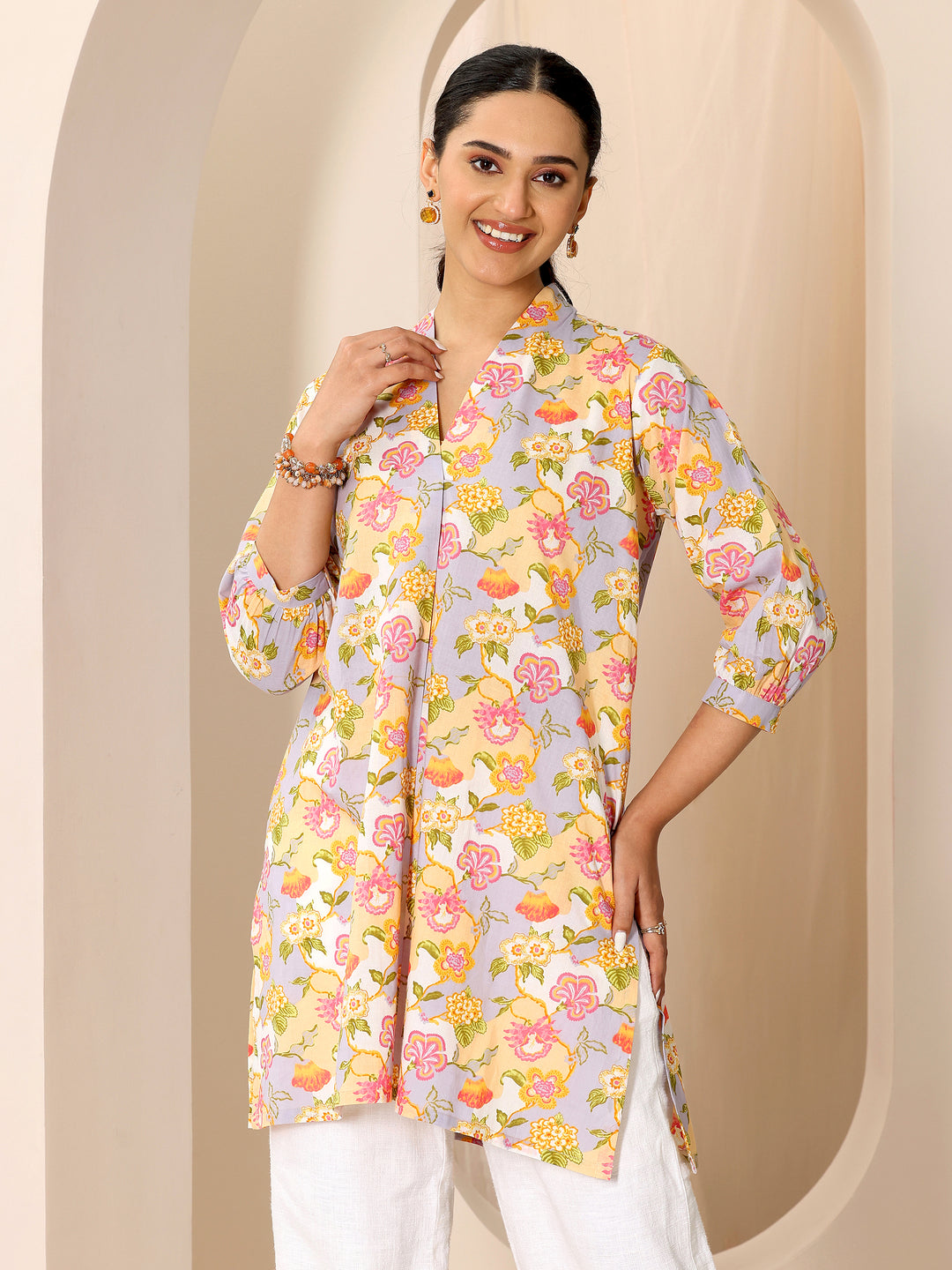 Multicoloured Printed Cotton Blend Straight Short Kurti