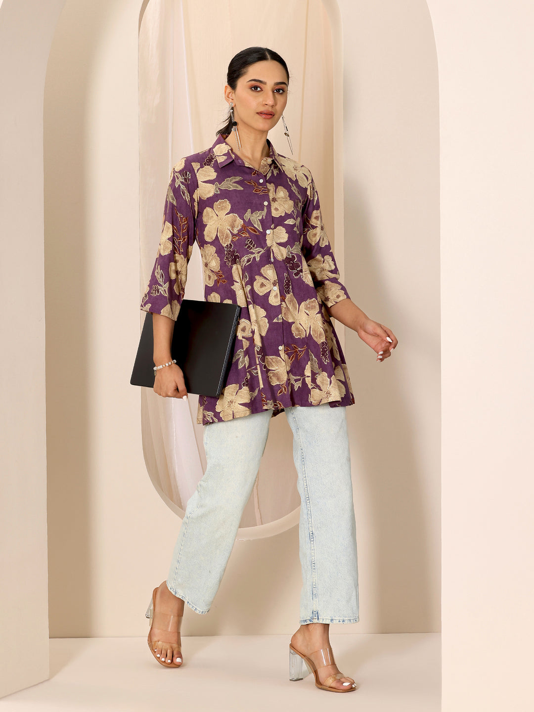 Multicoloured Printed Viscose Rayon A-line Short Kurti