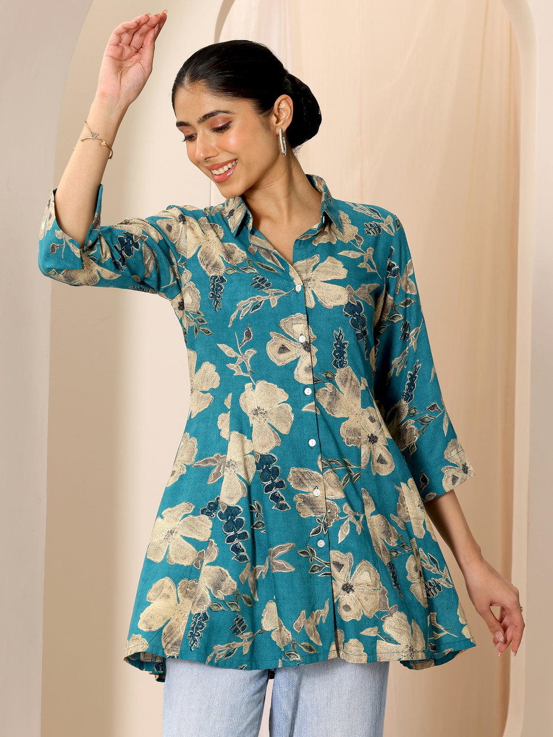 Multicoloured Printed Viscose Rayon A-line Short Kurti
