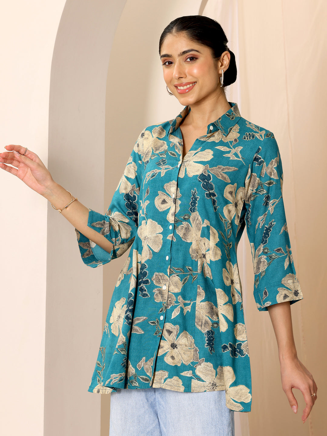 Multicoloured Printed Viscose Rayon A-line Short Kurti