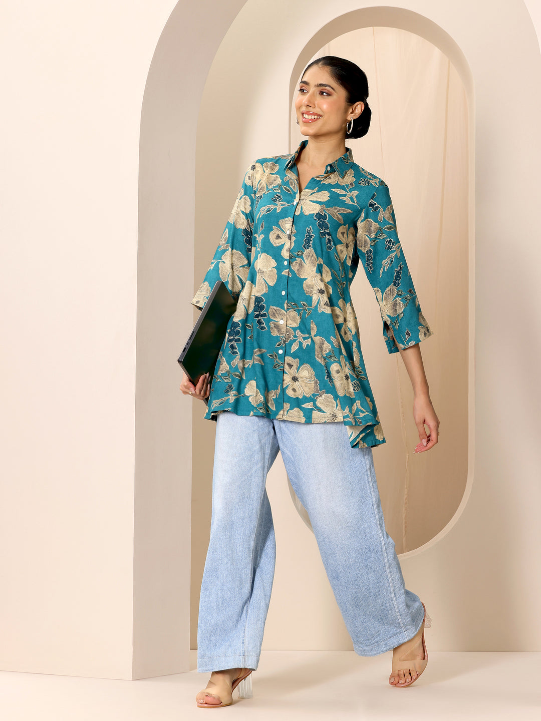 Multicoloured Printed Viscose Rayon A-line Short Kurti