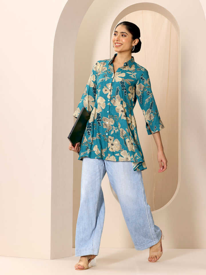 Multicoloured Printed Viscose Rayon A-line Short Kurti