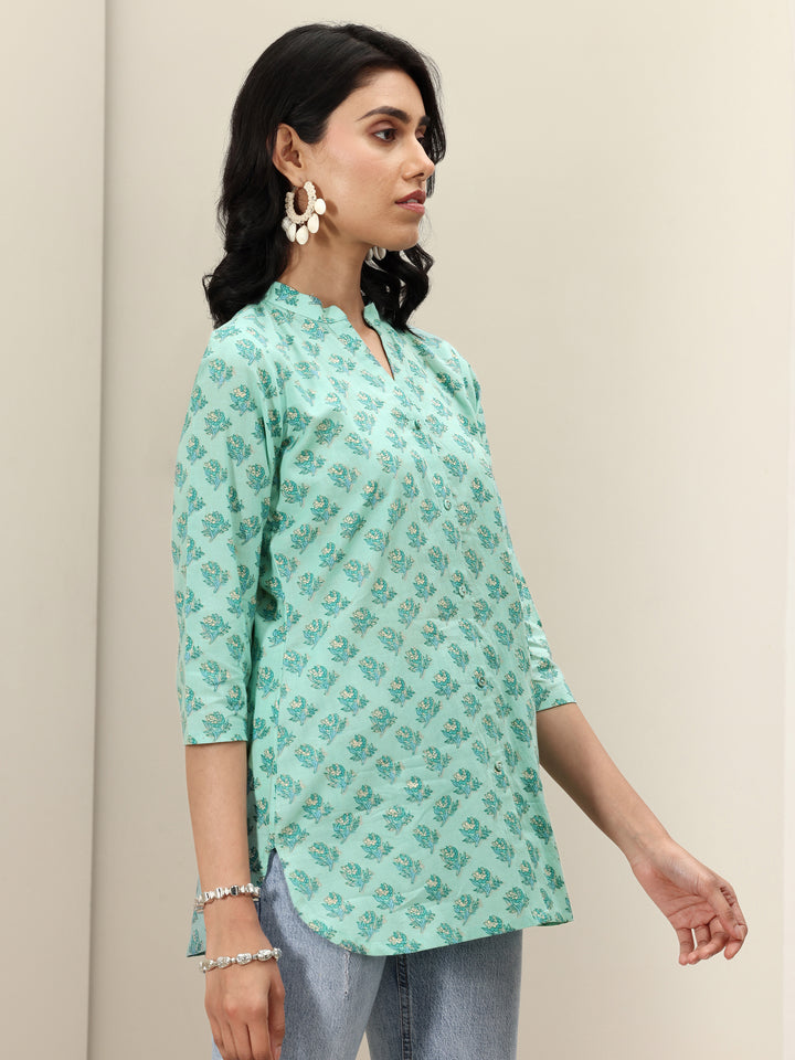 Green Printed Cotton Blend Straight Short Kurti