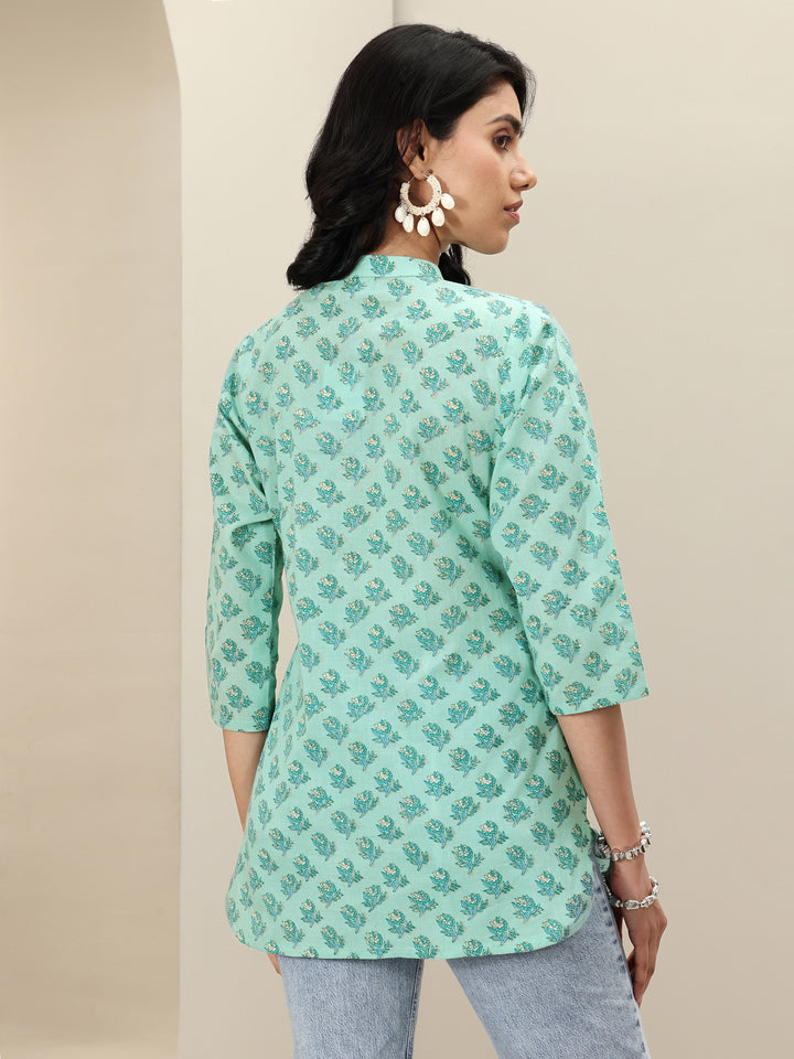 Green Printed Cotton Blend Straight Short Kurti