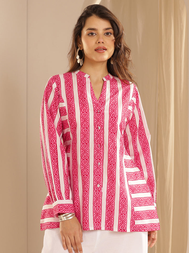 Pink Printed Cotton  Straight Short Kurti