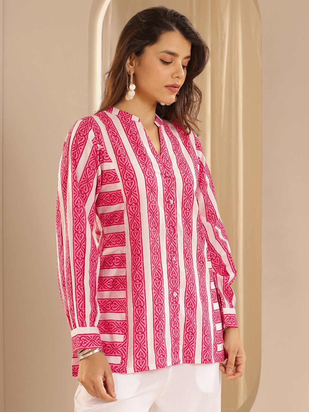 Pink Printed Cotton  Straight Short Kurti