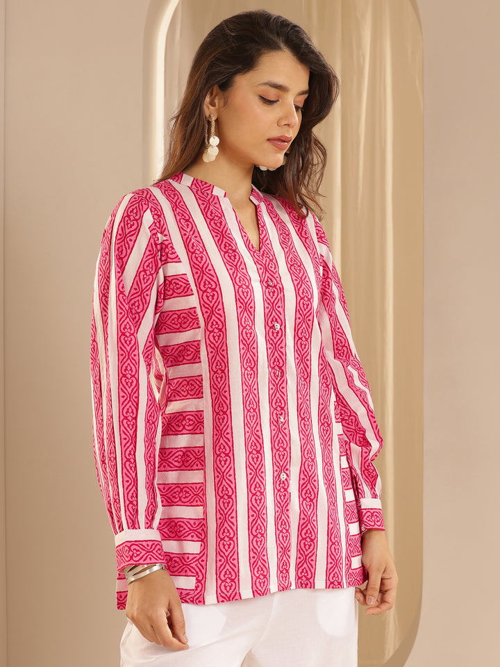 Pink Printed Cotton  Straight Short Kurti