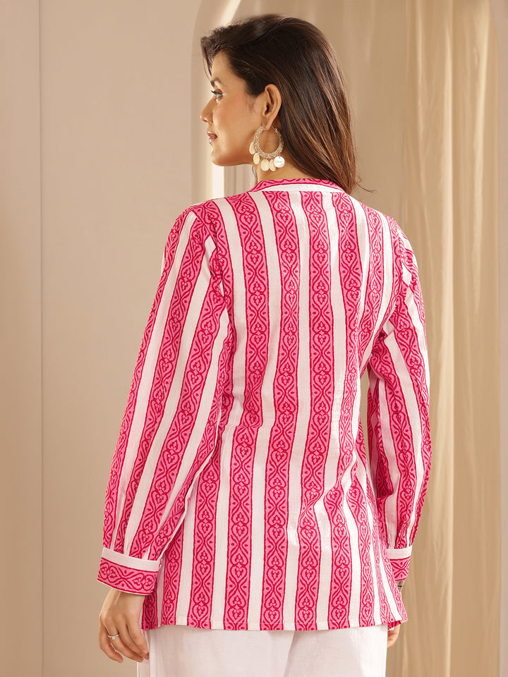 Pink Printed Cotton  Straight Short Kurti