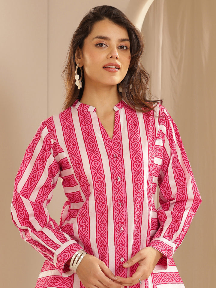 Pink Printed Cotton  Straight Short Kurti