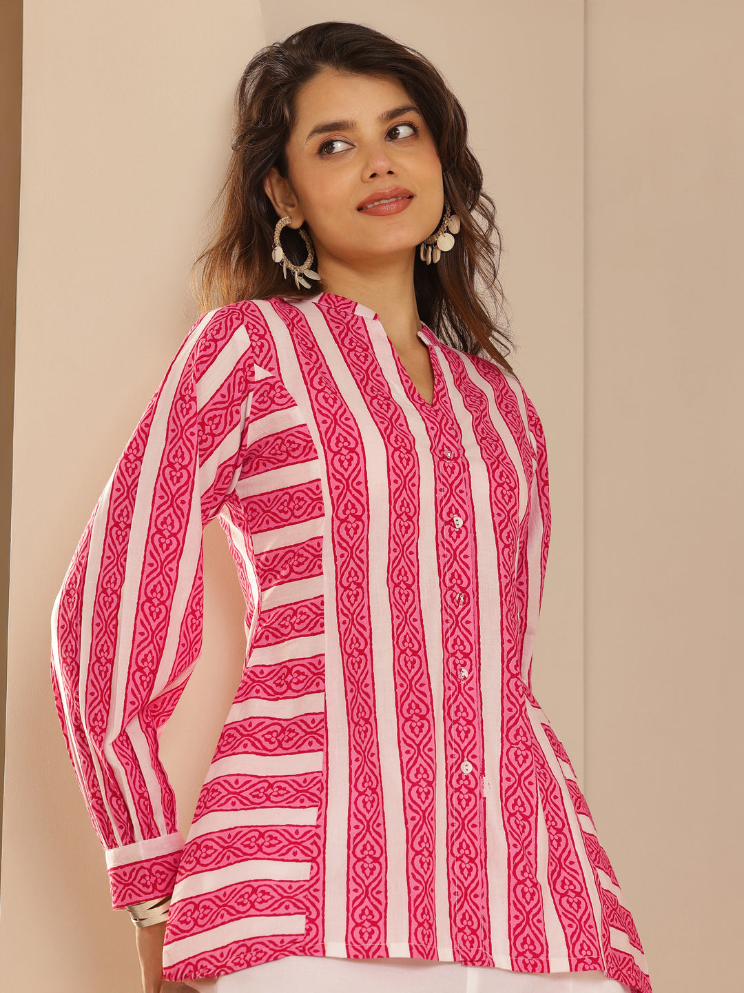 Pink Printed Cotton  Straight Short Kurti