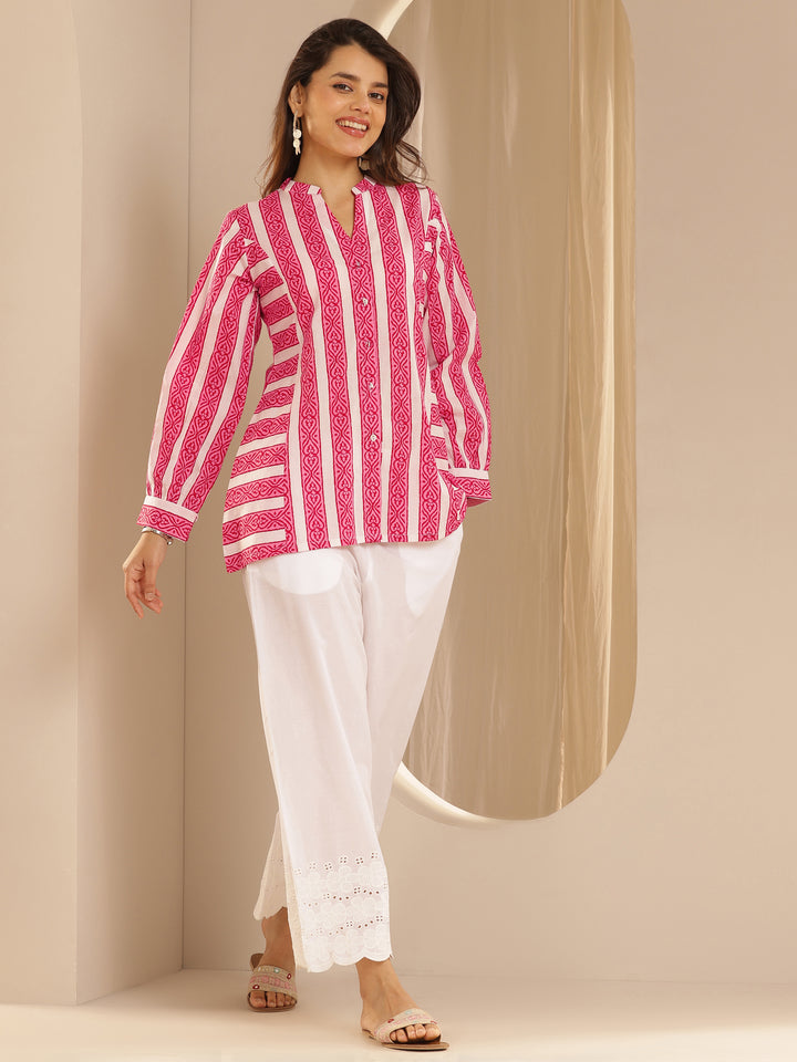 Pink Printed Cotton  Straight Short Kurti