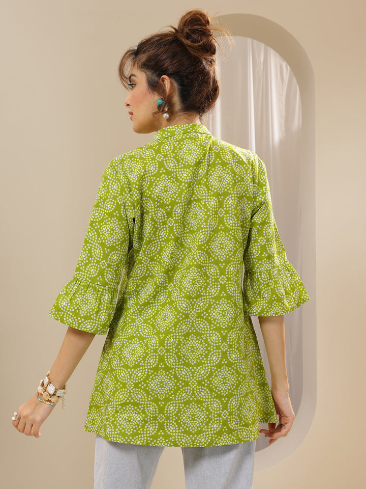 Green Printed Cotton Straight Short Kurti
