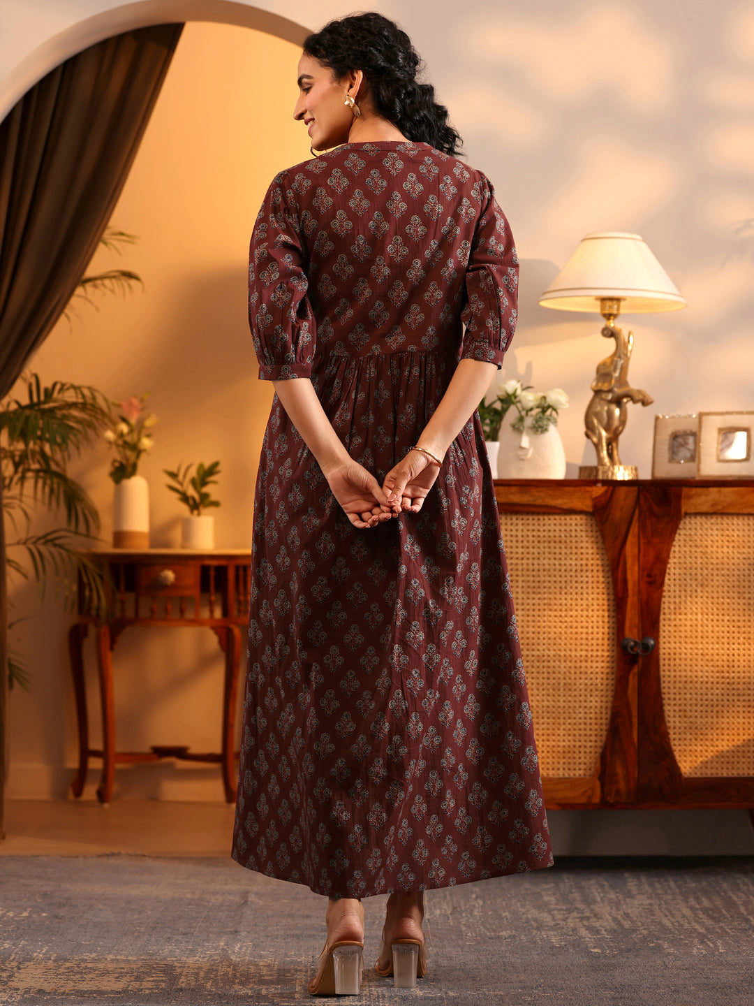 Rust Printed Cotton  A-Line One Piece Dress