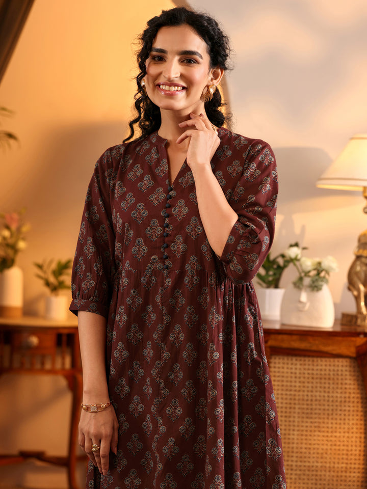 Rust Printed Cotton  A-Line One Piece Dress