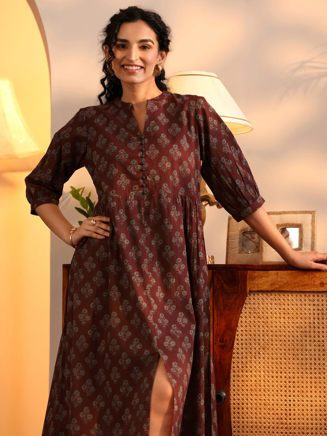 Rust Printed Cotton  A-Line One Piece Dress