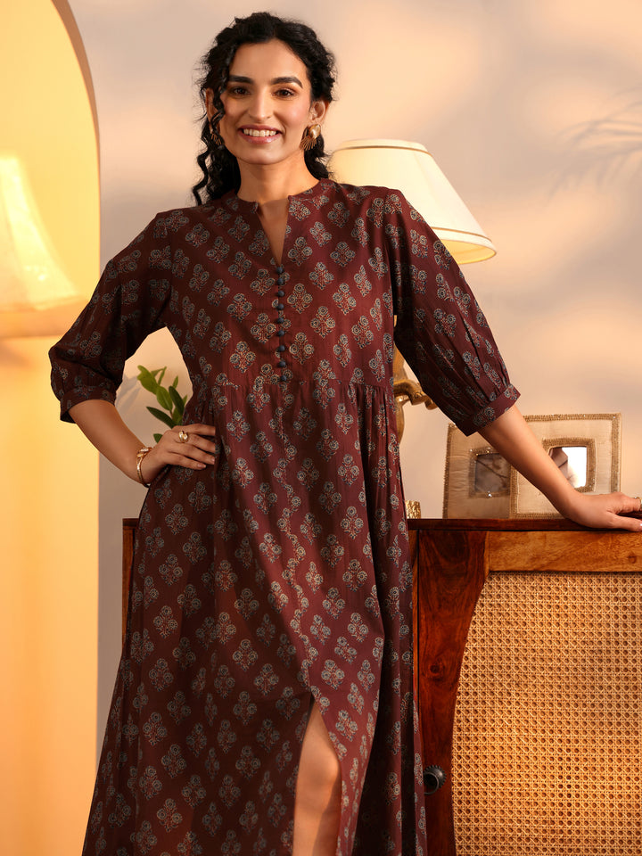 Rust Printed Cotton  A-Line One Piece Dress