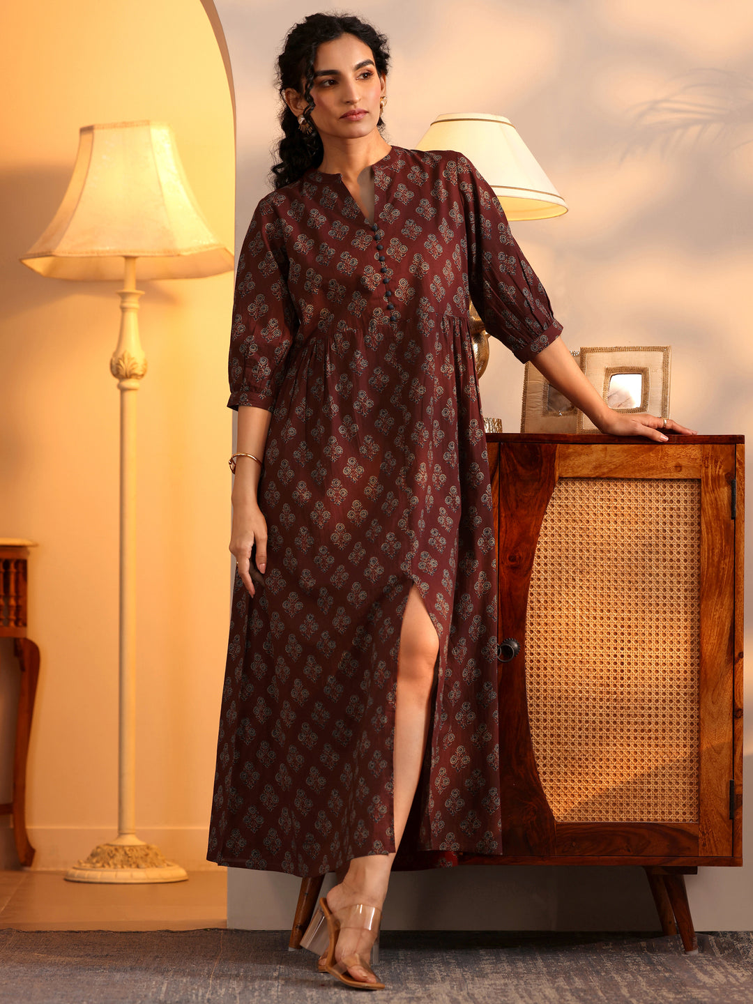 Rust Printed Cotton  A-Line One Piece Dress