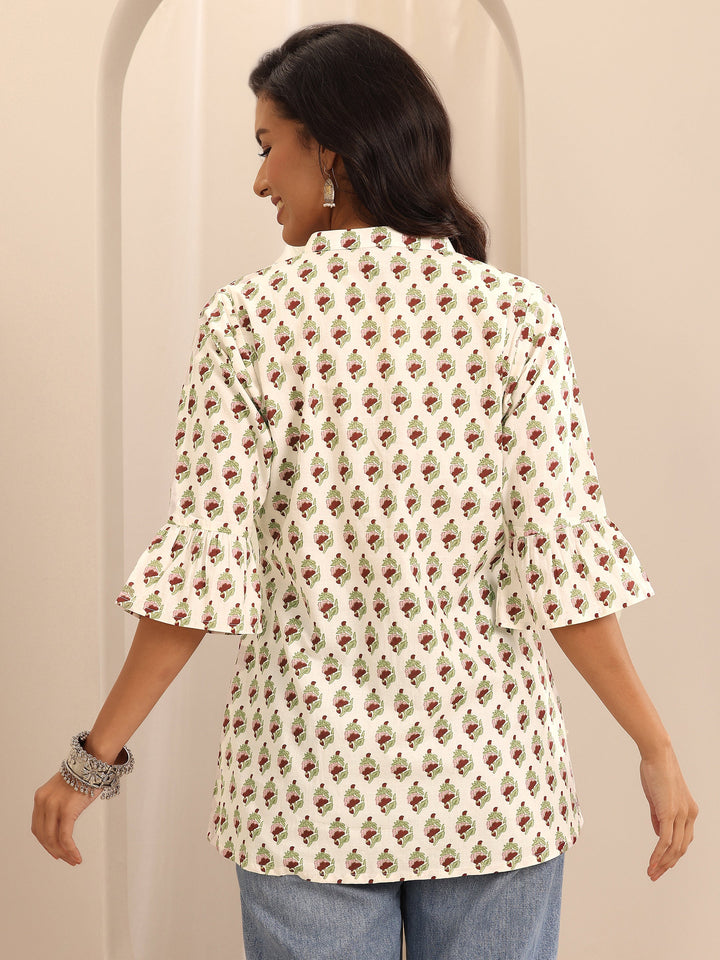 Off White Printed Cotton Straight Short Kurti
