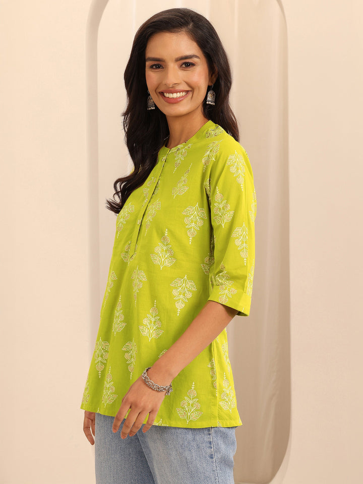 Mustard Printed Cotton Straight Short Kurti