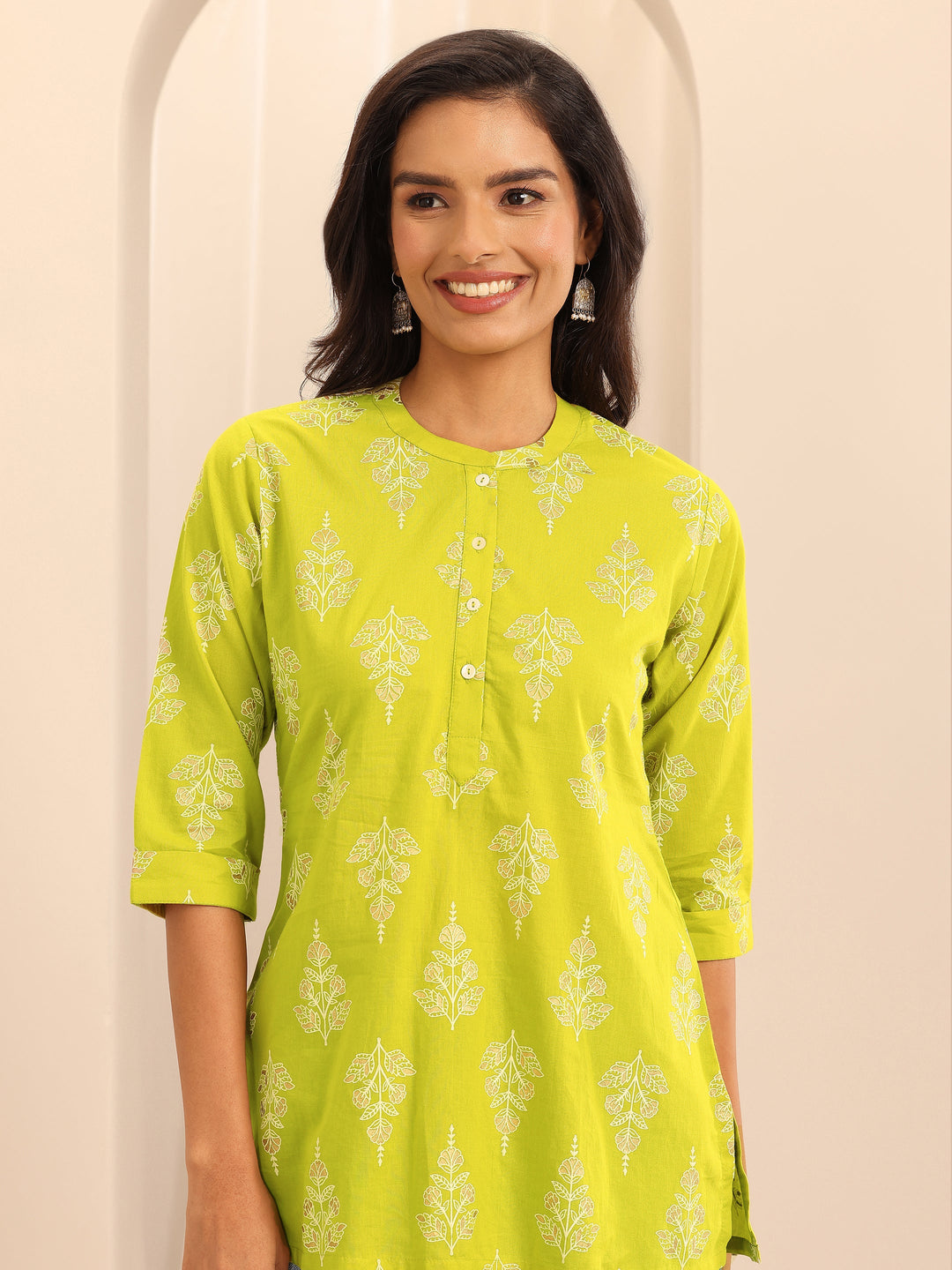 Mustard Printed Cotton Straight Short Kurti