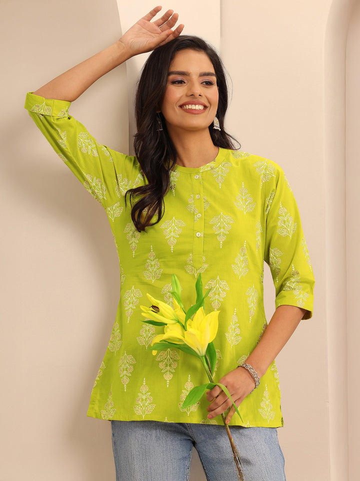Mustard Printed Cotton Straight Short Kurti
