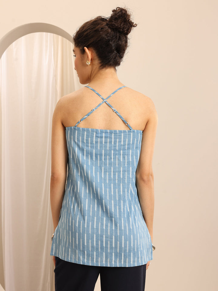 Blue Printed Cotton Blend Straight Short Kurti