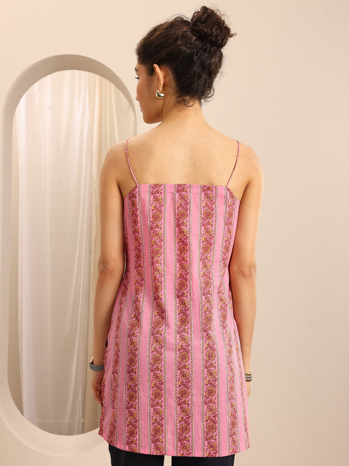 Pink Printed Cotton Blend Straight Short Kurti