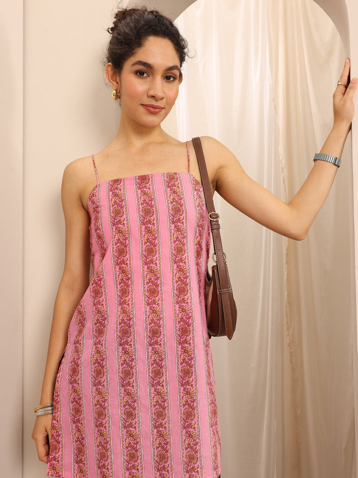 Pink Printed Cotton Blend Straight Short Kurti