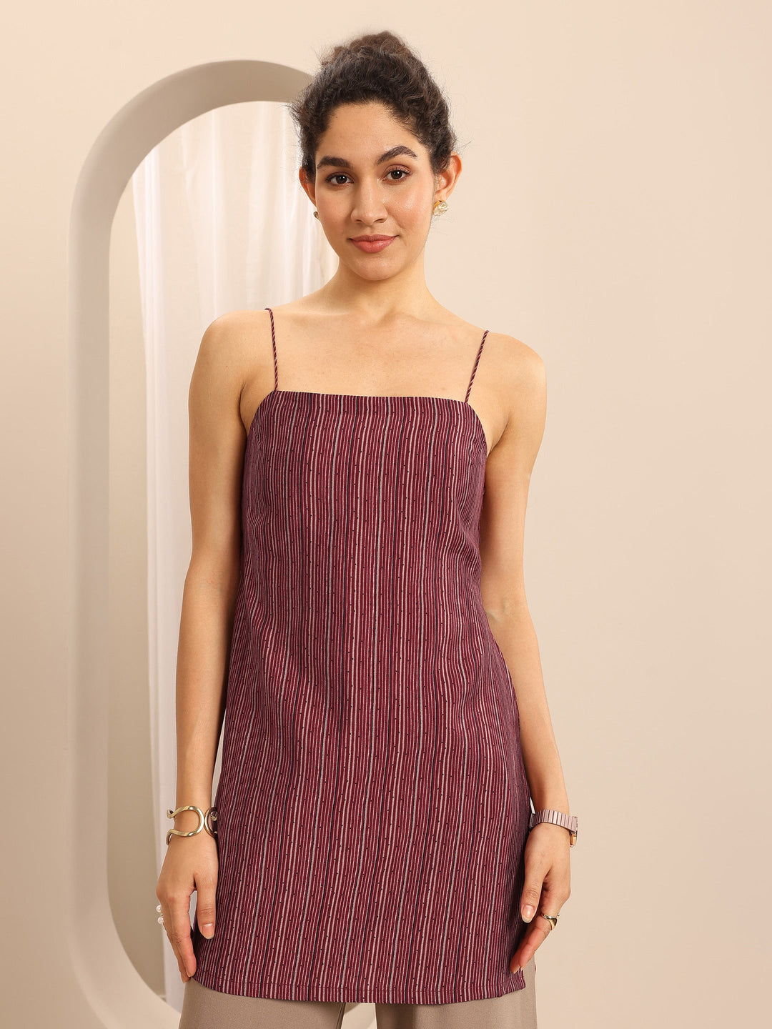Maroon Printed Silk blend Straight Short Kurti