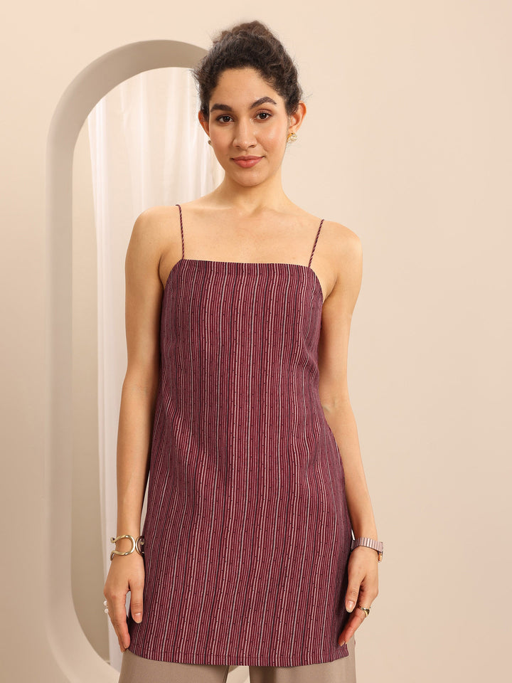 Maroon Printed Silk blend Straight Short Kurti