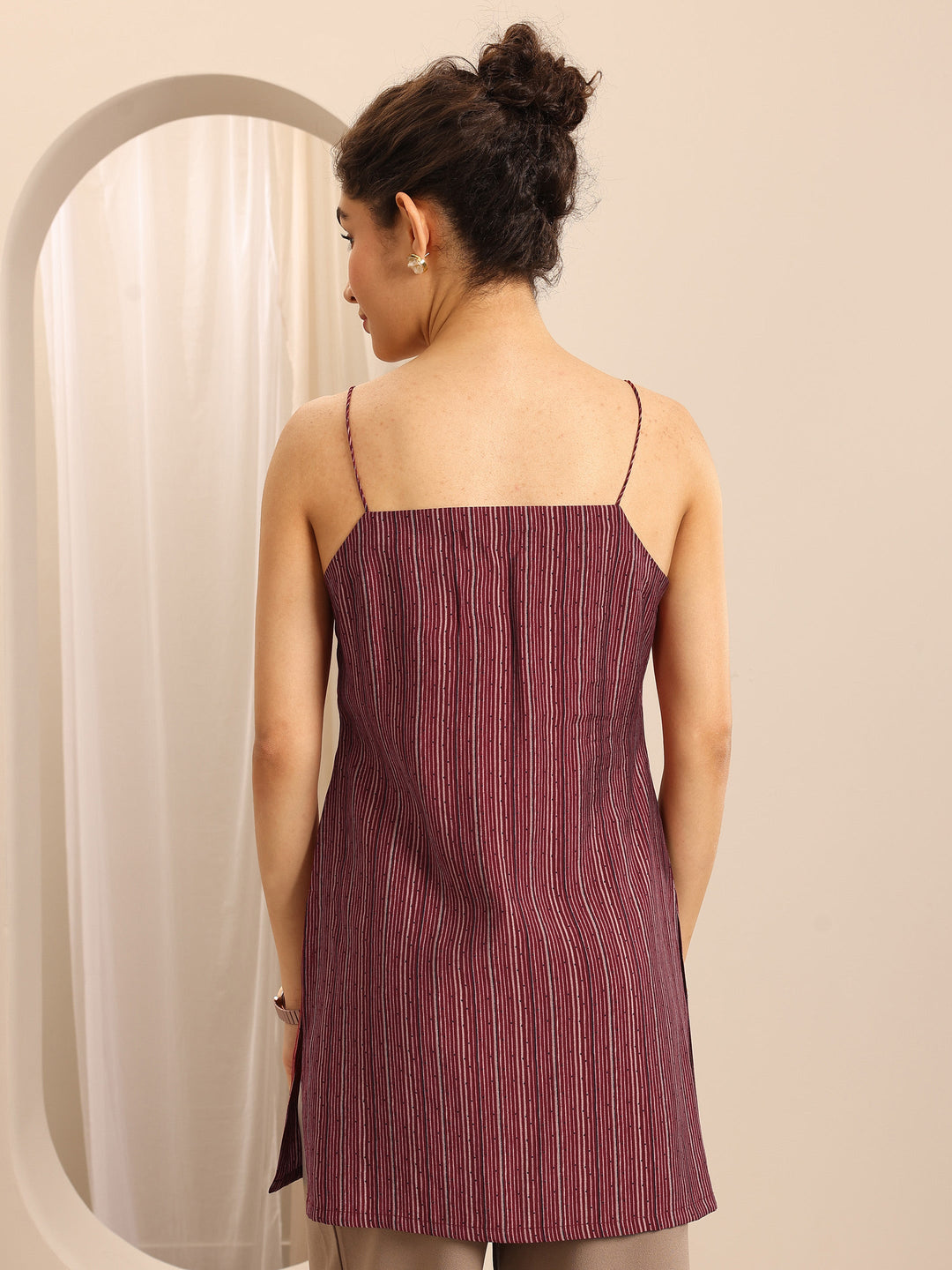 Maroon Printed Silk blend Straight Short Kurti