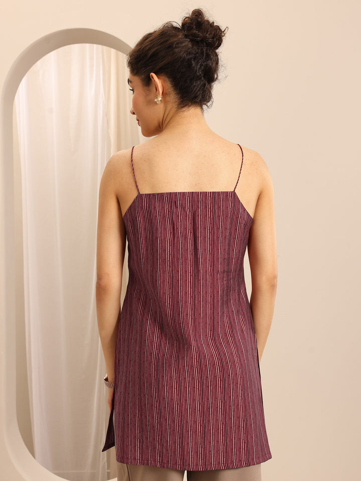 Maroon Printed Silk blend Straight Short Kurti