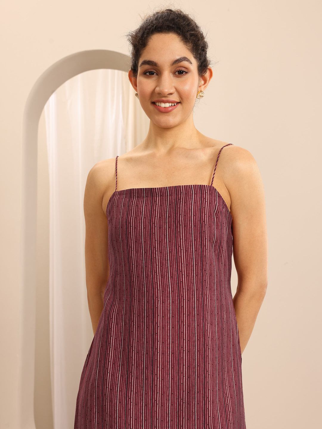 Maroon Printed Silk blend Straight Short Kurti