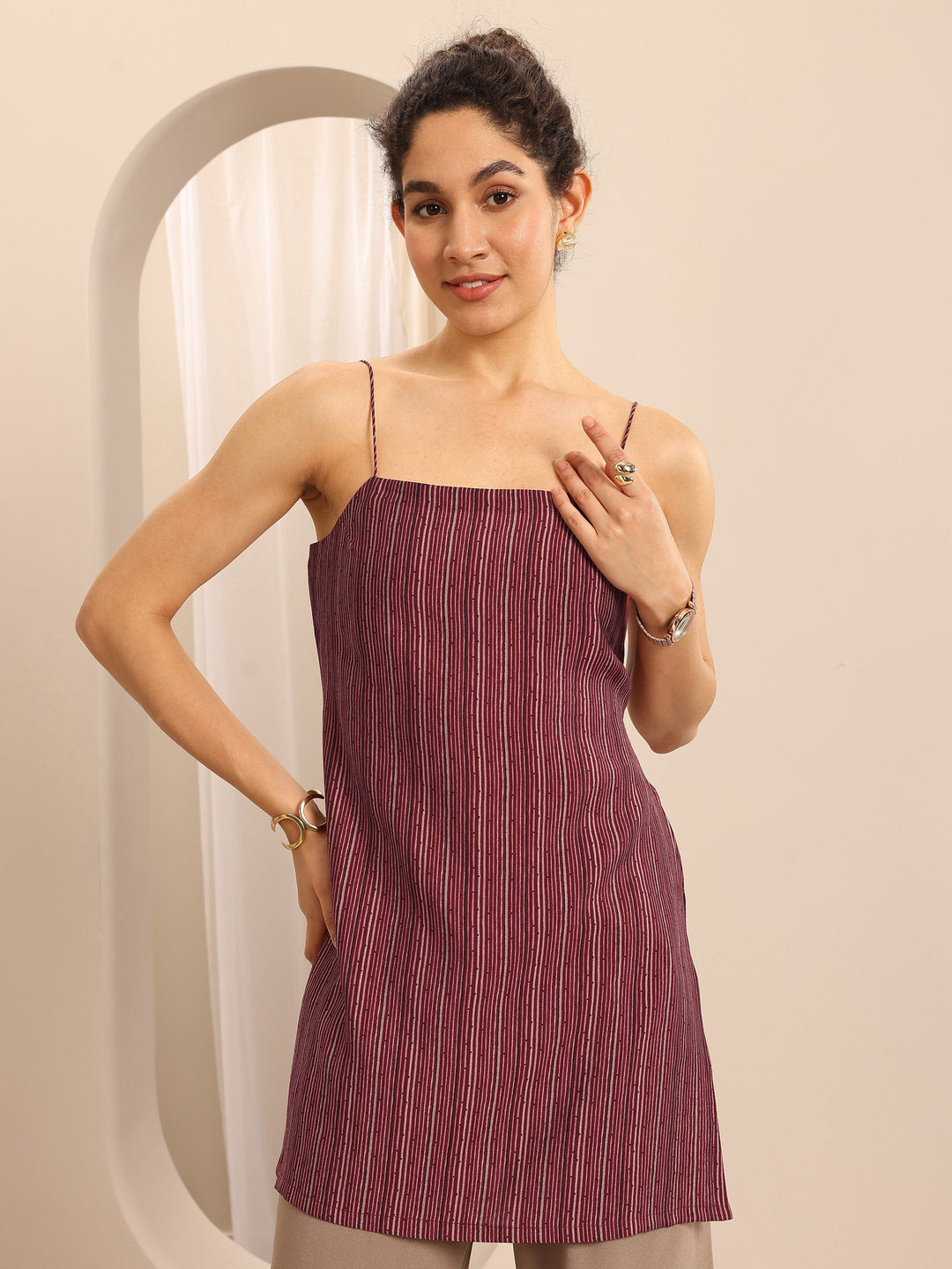 Maroon Printed Silk blend Straight Short Kurti