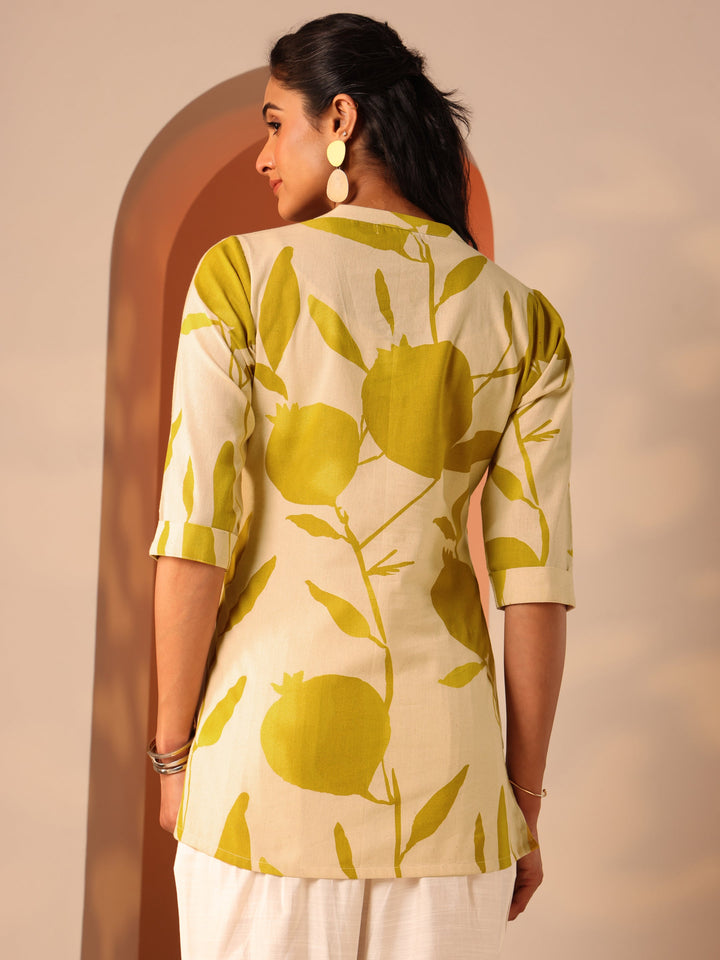 Off White Printed Cotton Straight Short Kurti