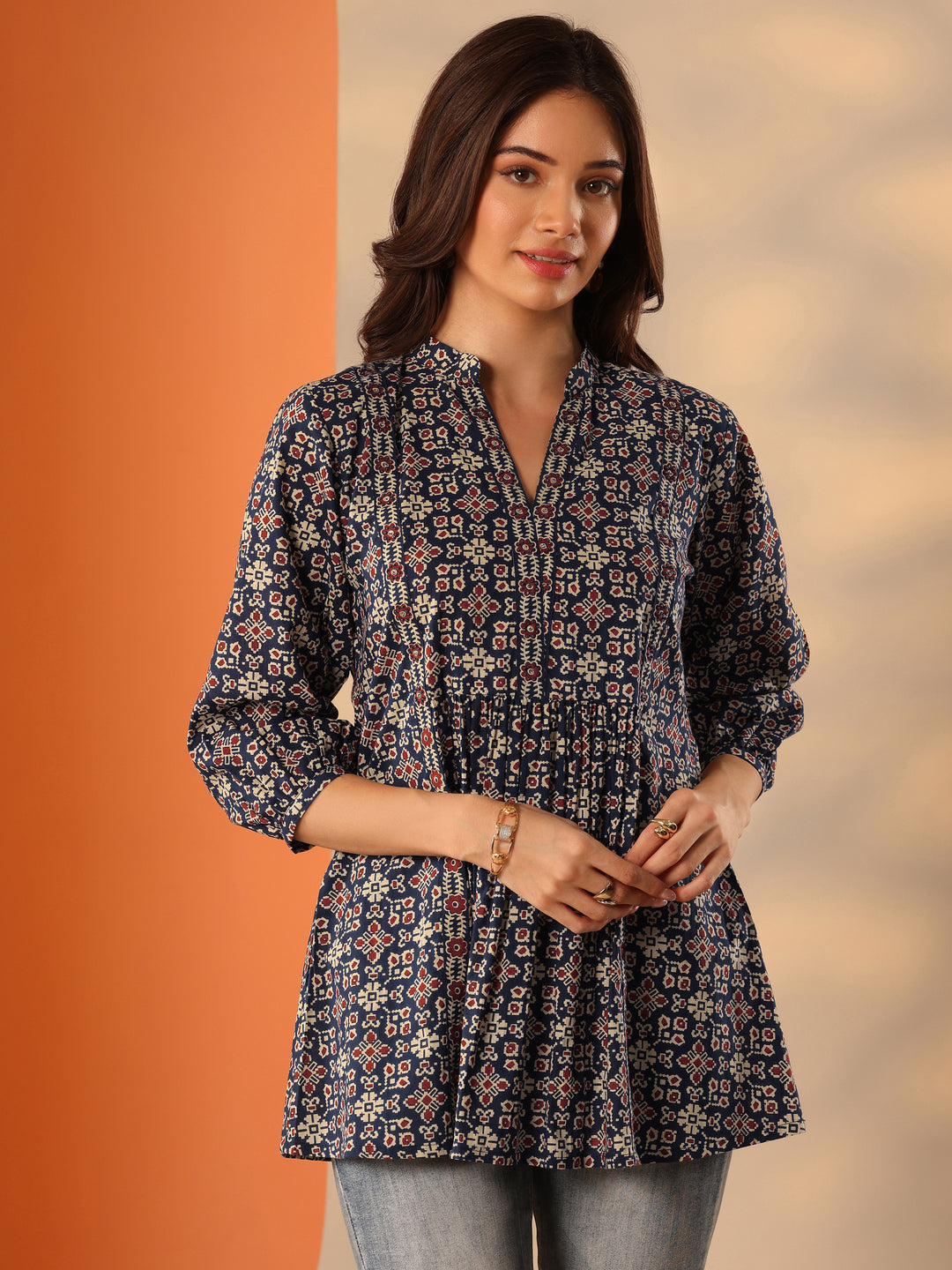 Blue Printed Cotton Straight Short Kurti