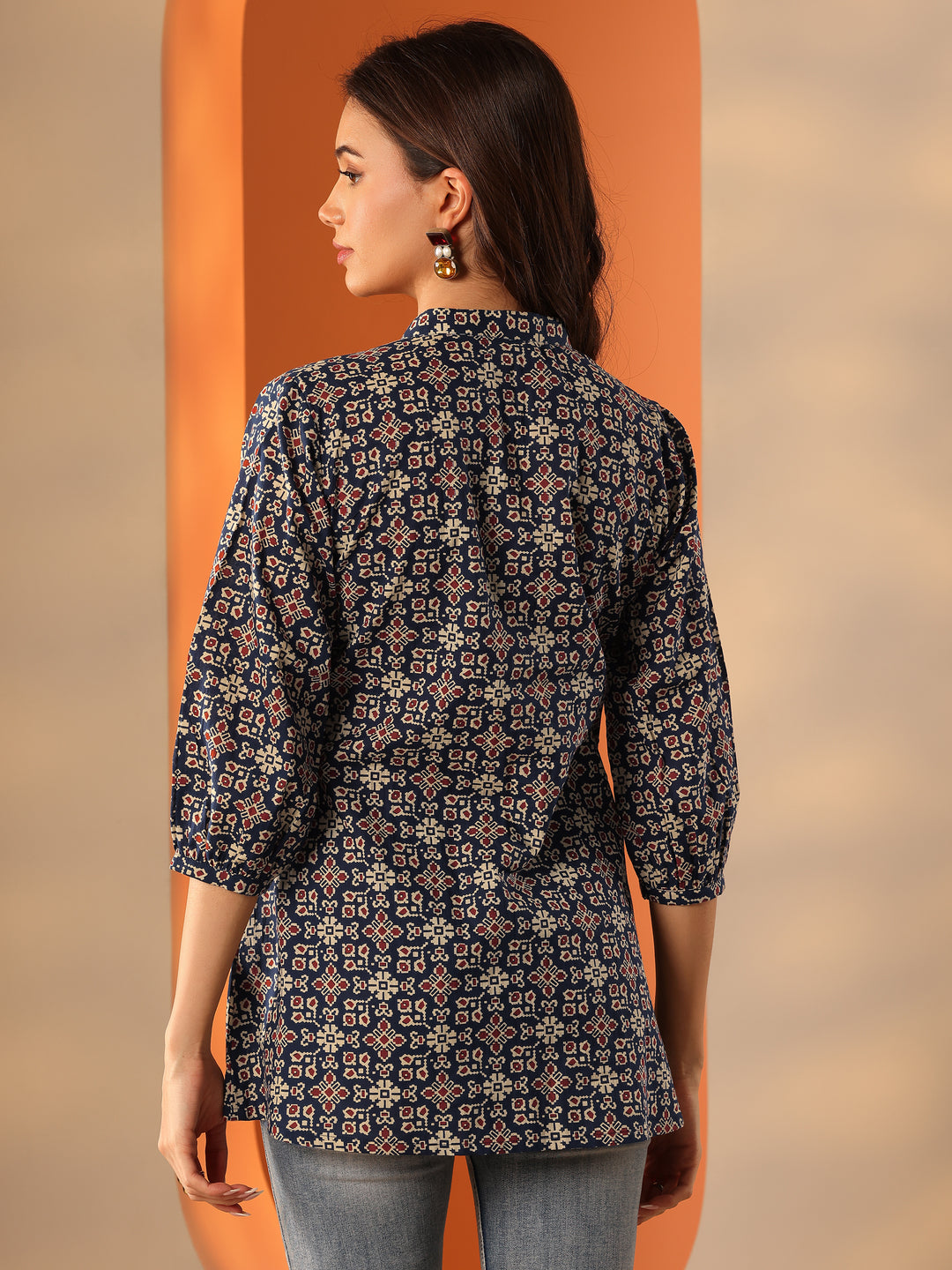 Blue Printed Cotton Straight Short Kurti