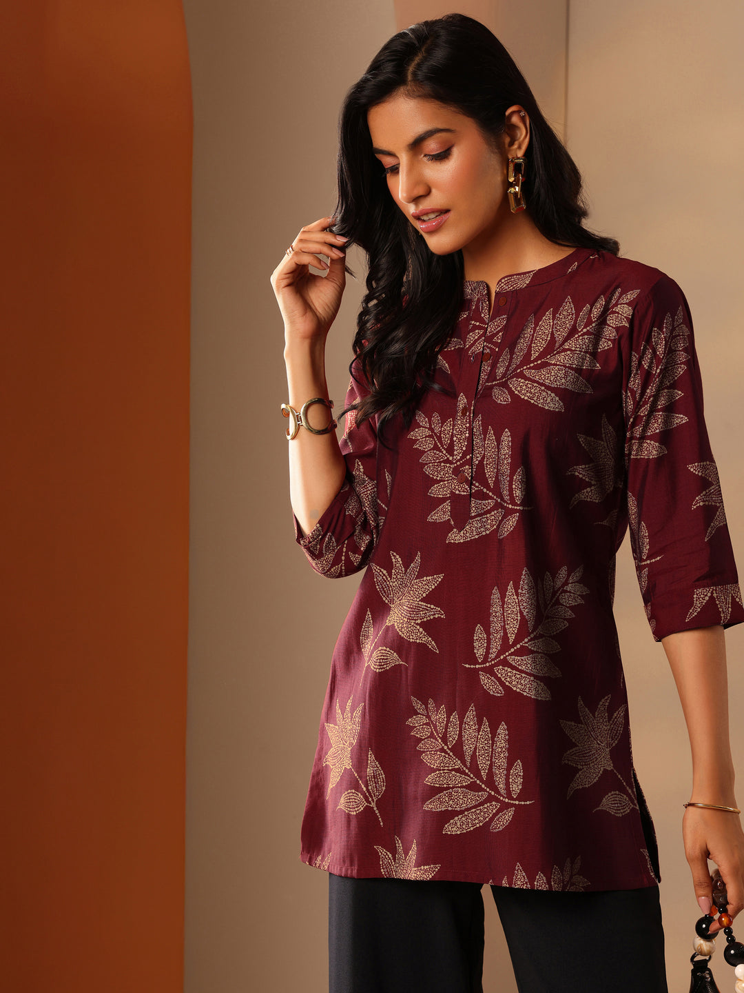 Maroon Printed Silk Blend Straight Short Kurti